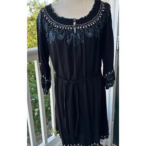 Lucky Brand Boho Embroidered Dress M Off Shoulder Belted Fall Knee Length Casual